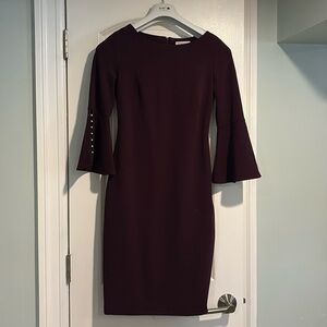 Calvin Klein Purple 3/4 Bell Sleeve White Faux Pearls Trim Sheath Dress Size 4